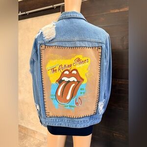 Upcycled Fashion Nova Rolling Stones Distressed Denim Jacket Size 1XL